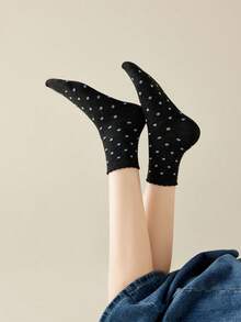 5 双女士简约波尔卡圆点图案甜美蕾丝边舒适柔软休闲百搭中筒袜，适合日常穿着 - 彩色 - 查看 7