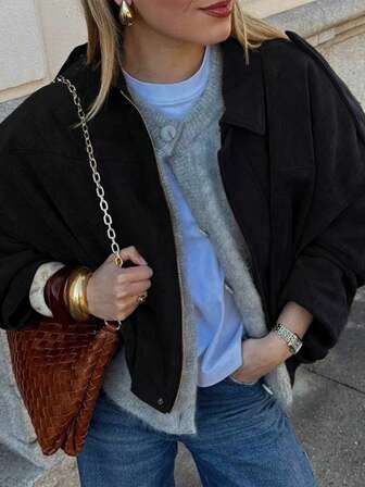 Jaqueta Casual de Moda de Rua Feminina, Gola Virada, Manga Longa, Zíper, Casaco Solto Vintage