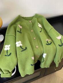 Women's Knitted Cardigan, Elegant Floral Embroidery, Everyday Wear, Autumn/Winter