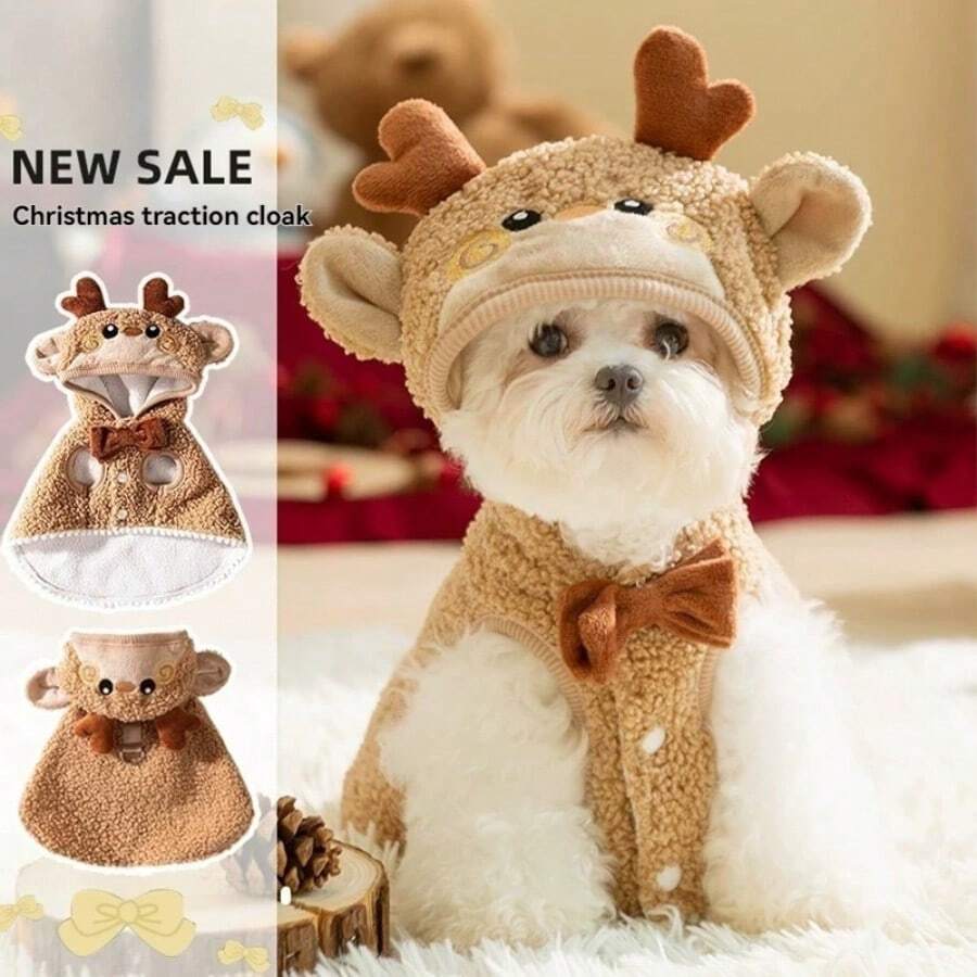 Cute Reindeer Pet Cape With Hood & Bow - Perfect For Xmas, Cozy & Stylish Warm Christmas Pet Cloak: Deer - Shaped Hood, Bow Accent & Leash Friendly Warm & Comfortable For Autumn/Winter Dog/Cat Apparel For Small Dogs