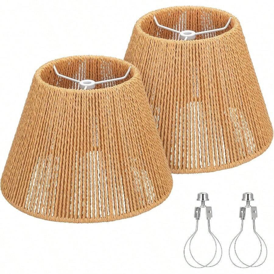 Rattan Lamp Shades Set Of 2 Small Lamp Shades For Table Lamps 5.5 Top X 10 Bottom X 6.6 High Wicker Lamp Shade Replacement For Bedroom Hand Woven Lampshade Spider Bulb Clip Adapters Included - 棕藤 - 查看 1