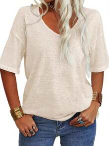 Women's 3/4 Sleeve Shirts V Neck Loose Fitting Tops Casual Solid Color Tshirts  Basic Tunic Summer Ladies Tops - Màu be - Xem 1