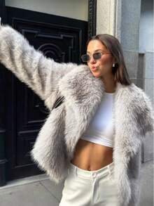 Women's Elegant Commuting And Street-Going College Simple Fashion Casual Versatile, Large Lapel Long Sleeve Gray Fine Fleece With Hidden Buttons Fake Fur Coat, Suitable For Halloween, Christmas Eve, Christmas, Spring Festival, Outings, Girlfriends Gatherings, Home Shopping, Entertainment, Going Out To Work, Etc. The Basic Coat Fabric Is Comfortable, The Style Is Distinctive, And The Cost Performance Is High, Suitable For Autumn And Winter Wear