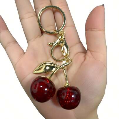 1PCS Gold Cherry Bag Pendant - Red Cherry Design Resin Keychain Accessory, Round Design For Decorating Handbags (Red) Single Cherry Keychain - Shiny Resin Cherry Keychain, Fashion Alloy And Resin Women's Keychain, Perfect For Handbags, Wallets, Shoulder Bags And Gift Accessories