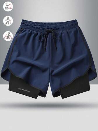 Men's Drawstring Waist Zipper Pocket Double Layer Casual Sports Shorts, Suitable For Hiking, Cycling, Basketball, Running, Boyfriend Wear, Indoor Sports In Winter