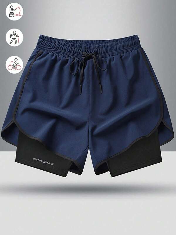 Men's Drawstring Waist Zipper Pocket Double Layer Casual Sports Shorts, Suitable For Hiking, Cycling, Basketball, Running, Boyfriend Wear, Indoor Sports In Winter