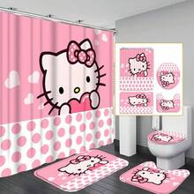Sanrio 3-Piece Hello Kitty Bathroom Set, Includes Waterproof Shower Curtain, Toilet Lid Cover, Bath Mat, U-Shaped Mat, Comes With 12 Hooks, Available In Pink, Blue, And Full Family Characters, Suitable For Home And Bathroom Decor Christmas Decor