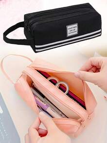 1 Pieza Bolsa de lápices con cremallera doble de tela Oxford simple, estuche de lápices grande, bolsa de cosméticos de papelería de oficina, bolsa pequeña, portaplumas, útiles escolares portátiles, adecuado para estudiantes de escuela, oficina, universidad, niños, niñas, adultos, adolescentes, bolsa de papelería portátil de gran capacidad con doble capa - Multicolor - Ver 2