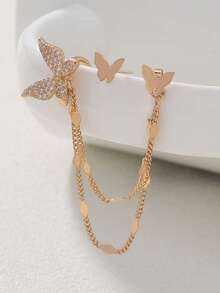 3pcs/Set Copper Butterfly Inlaid Cubic Zirconia Tassel Left Ear Cuff Earrings Set, Suitable For Women's Daily, Party, And Holiday Occasions