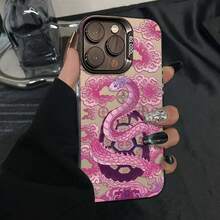 Chinese Style -2025 Year Of The Snake Phone Case With Pink Xiangyun Snake Pattern, Suitable For IPhone 16ProMax 16Pro 16Plus 16 15ProMax 15Pro 15Plus 15 14ProMax 14Pro 14Plus 14 13ProMax 13Pro 13 12ProMax 12Pro 12 11ProMax 11Pro 11 X Xs Xr XsMax, Fashionable Shock-Absorbing Phone Case - 黑色 - 查看 5