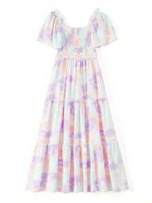 Parent-Child Summer Casual A-Line Dress Short Sleeve Square Neck Tie Dye Print Dress