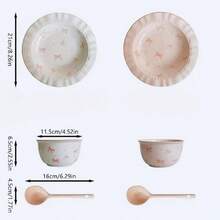 4 件套蝴蝶结设计陶瓷碗 - 包含 2 个碗和勺子，可用洗碗机清洗，适用于谷物、汤、沙拉、早餐、酸奶、甜点和冰淇淋 - 粉色，学校用品 - 彩色 - 查看 14
