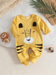 新生男宝宝卡通动物印花长袖休闲连体衣，圆领黄色纽扣设计