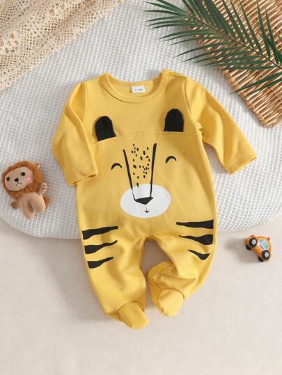 新生男宝宝卡通动物印花长袖休闲连体衣，圆领黄色纽扣设计
