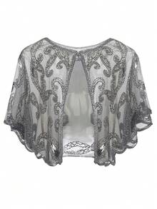 BABEYOND 1920s Shawl Wraps Sequin Beaded Evening Cape Bridal Shawl Bolero Flapper Cover Up - Xám - Xem 6