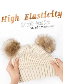Thermal Lined Cute Winter Beanie Hats For Women Girls Warm Knit Hats With Double Faux Fur Pom Poms - A - View 10