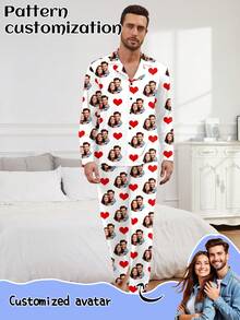 Customized Men/Women Portrait, Pet Cartoon, Holiday Themed Interesting Long Sleeve Top & Pants Pajama Set, Loungewear, Winter