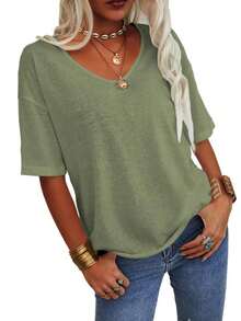 Imily Bela Women's 3/4 Sleeve Shirts V Neck Loose Fitting Tops Casual Solid Color Tshirts  Basic Tunic Summer Ladies Tops - 軍綠色 - 查看 4