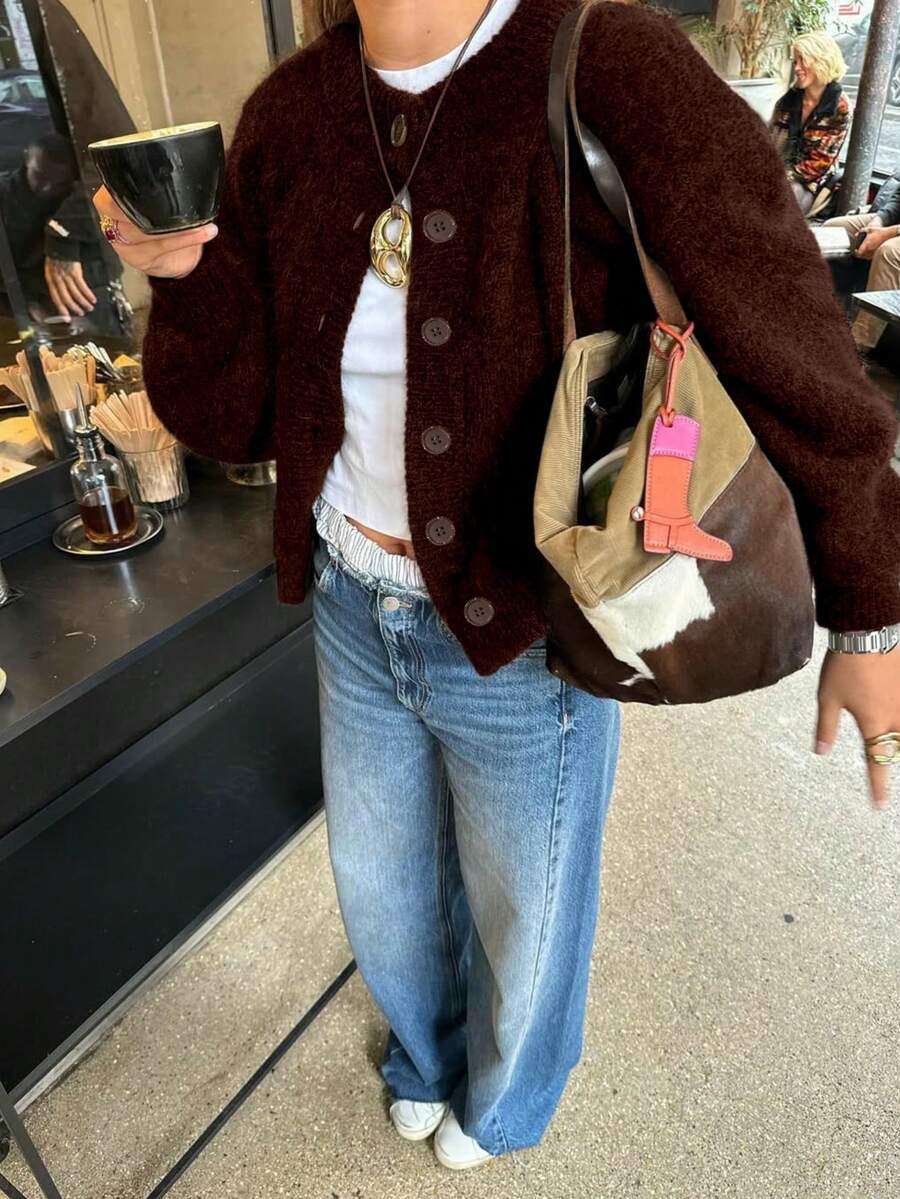 Senya Women's New Autumn/Winter Curry Color Plush Round Neck Front Open Knit Cardigan, Loose Comfortable Warm Sweater Cardigan, Long Sleeve Commuter Top - Coffee Brown - View 1