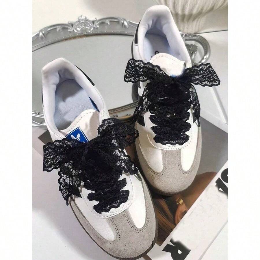 1 Pc Lace Butterfly Shoelaces Ins Style Small-Niche Korean Atmosphere Lace Bow Shoelaces, 120cm, Sneakers, Casual Shoes Accessories, Black For Summer Daily Wear - 黑色 - 查看 1
