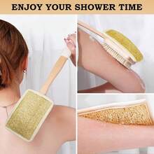 Handheld 2-In-1 Anti Slip Long Wooden Handle Shower Body Brush With Bristles And Loofah Flesh, Double-Sided Long Handle Back Scrub, Body Exfoliating, Wet Or Dry Brush, Back Washer, Back Exfoliating Body Washer Shower Scrub Brush Long Handle Suitable For Men And Women