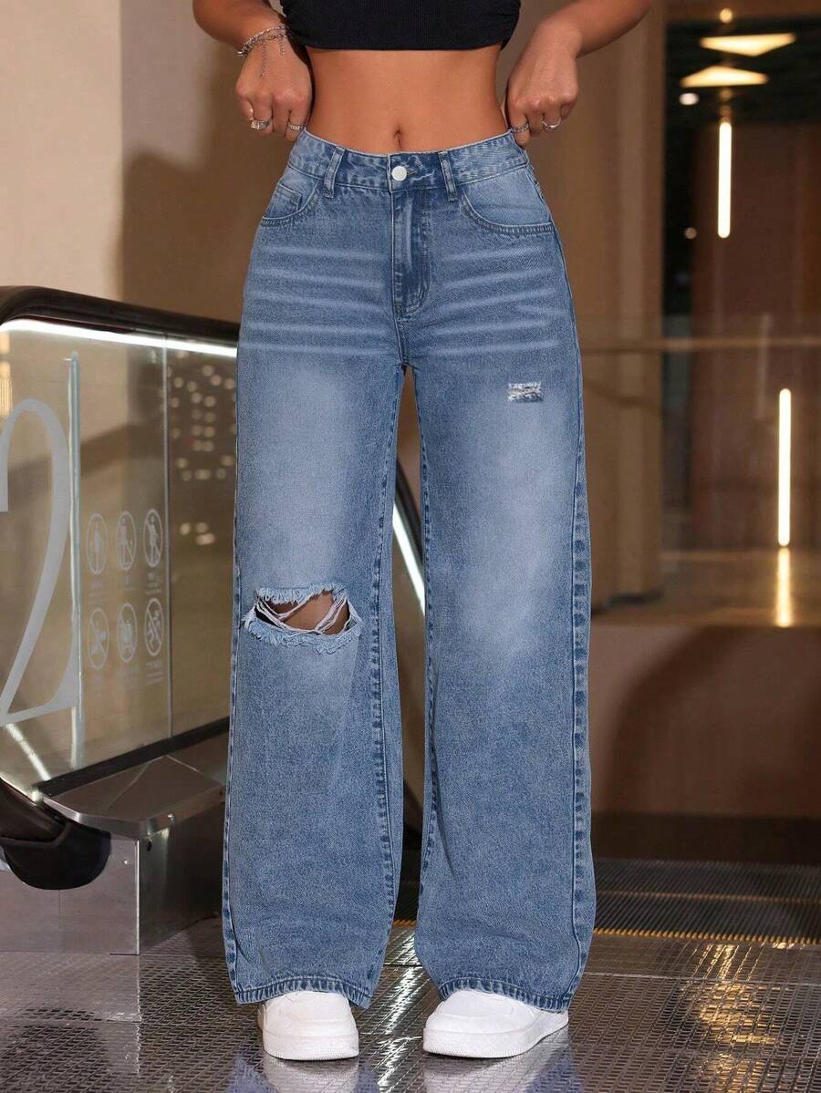 Women's Casual Y2K Loose Straight Leg Loose Jeans, Paired With Torn Hole Decoration, Suitable For All Seasons, Suitable For Neighbors To Wear - 淺色水洗藍 - 查看 1