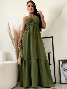 Women's Long Fluid Strapless Dress With Tie - 軍綠色 - 查看 1