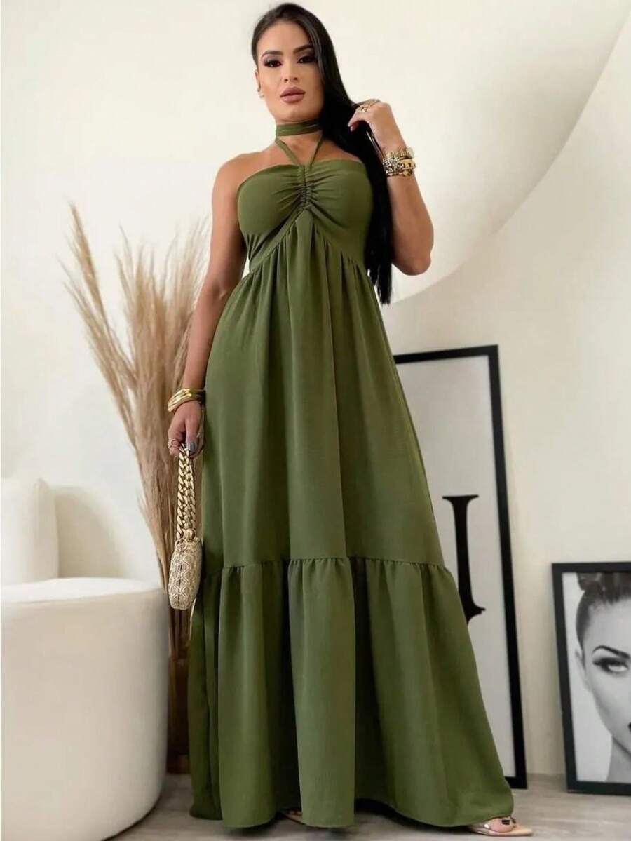 Women's Long Fluid Strapless Dress With Tie - 軍綠色 - 查看 1