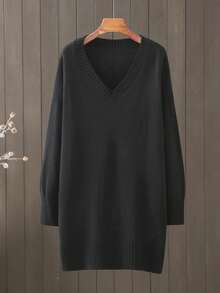 大码V领纯色长袖针织毛衣裙，休闲，秋冬