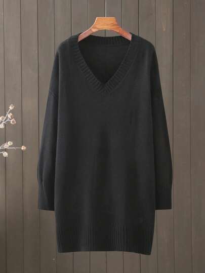 大码V领纯色长袖针织毛衣裙，休闲，秋冬