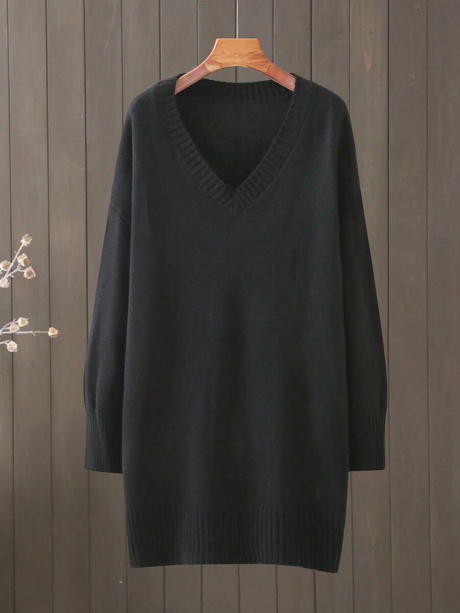 大码V领纯色长袖针织毛衣裙，休闲，秋冬