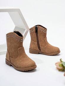 秋冬镂空蝴蝶结西部靴，新款耐磨保暖舒适平底西式百搭宝宝靴 - 薑色 - 查看 4