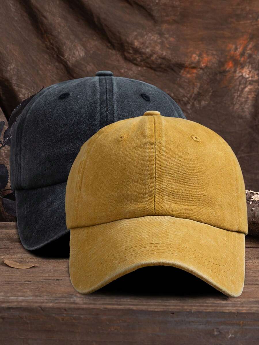 1pc Unisex Solid Color Adjustable Washed Baseball Cap, Casual Outdoor Fashion - Black+Yellow - View 1