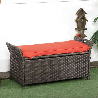  Outsunny 2-In-1 Patio Wicker Storage Bench, 29 Gallon Outdoor PE Rattan Patio Furniture, Large Capacity Rectangle Basket Box With Handles And Cushion, Red