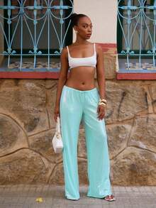 Yess Loren Pantalones de tiro bajo con lentejuelas, vacaciones de verano, elegante ropa de playa bohemia y casual, para festivales rave