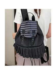 This Season's New Korean Niche Design Polka Dot Backpack Features Large Capacity Drawstring And Versatile Fashion Commuter Backpack - Black - View 5