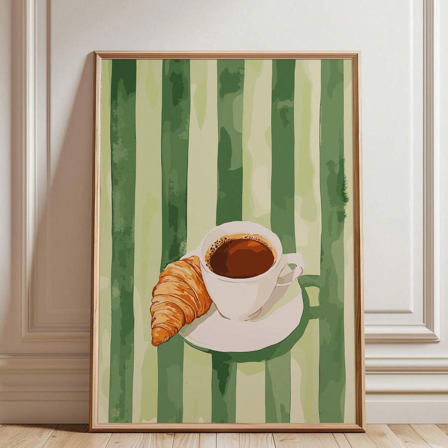 1 Tranh canvas đóng khung, tranh áp phích, tranh treo tường, họa tiết lưới cà phê và bánh sừng bò, áp phích về thực phẩm và đồ uống, họa tiết bánh sừng bò và cà phê, tranh treo tường hình tách cà phê, họa tiết nhà bếp cổ điển - Nhiều màu - Xem 1