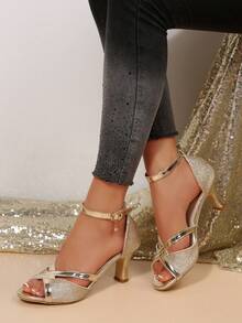 1 Pair Teenage Girls' Lace Embroidered Round Toe Chunky Heel Pumps, Apricot Color, Elegant & Versatile, PU Leather, Comfortable & Non-Slip, Heel Height 7.5cm, 2026 Spring/Summer New Style, Recommend Sizing Up One Size - Gold - View 3