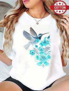 1pc blusas de mujer blusas bonitas para mujeres blusas ropa de mujer Camiseta colibrí 180g algodón blanco y negro, patrón estampado colibrí y flores rojas, algodón estampado alta calidad, cuello redondo, corte básico holgado, hombres y mujeres, transpirable, versátil, lavable a máquina, cómoda, talla S ~ 3XL, diaria, casual, deportiva, imprescindible verano - blanco - Ver 1