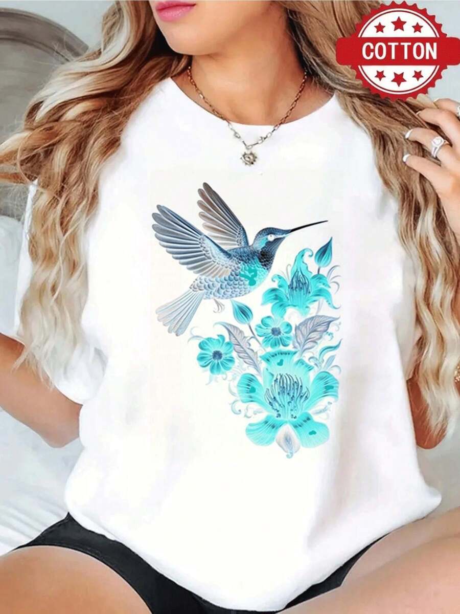 1pc blusas de mujer blusas bonitas para mujeres blusas ropa de mujer Camiseta colibrí 180g algodón blanco y negro, patrón estampado colibrí y flores rojas, algodón estampado alta calidad, cuello redondo, corte básico holgado, hombres y mujeres, transpirable, versátil, lavable a máquina, cómoda, talla S ~ 3XL, diaria, casual, deportiva, imprescindible verano - blanco - Ver 1