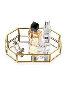 Mirror Glass Vanity Tray - Gold Ornate Makeup Tray Vintage Octagonal Perfume Tray Dresser Trays Jewelry Trinket Organizer For Bathroom Storage Trays For Home Decor - 金色 - 查看 1
