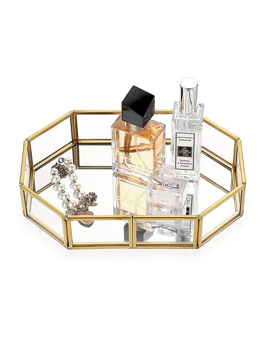 Mirror Glass Vanity Tray - Gold Ornate Makeup Tray Vintage Octagonal Perfume Tray Dresser Trays Jewelry Trinket Organizer For Bathroom Storage Trays For Home Decor - 金色 - 查看 1