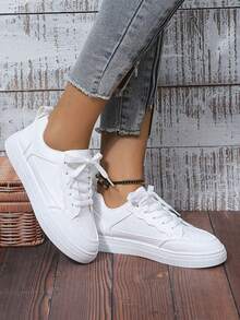 Women White Sneakers Spring Autumn Sport Running Shoes Casual Lace Up Flat Skid-Proof Shoes - trắng - Xem 5
