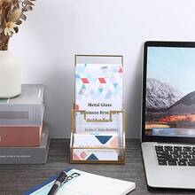 Gold Glass Brochure Holder Pamphlets Cards Literature Holder Flyer For 4" Trifold Holder Glass Display Stand With Business Card Holder For Brochures Magazines Literatures Display Countertop - Gold - View 5