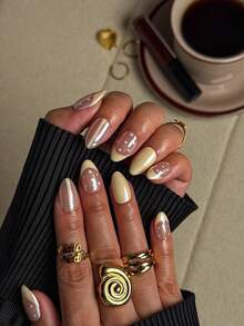 NAIO 10pcs/Set Handmade Almond Shaped Y2K Baddie Style Press-On Nails, Nude, Cream French Tips, Polka Dot Pattern, Suitable For Parties, Occasions, Daily Wear, Tool Kit Included, Great Gift For Women And Girls