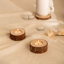 6pcs,Retro Wood-Like Tea Candlestick - Realistic Wood Grain Design, Suitable For Weddings, Birthdays, Christmas, Thanksgiving And Home Decoration. Durable Tabletop Ornament, Anti-Wood Style Candlestick, And Festive Center Decoration