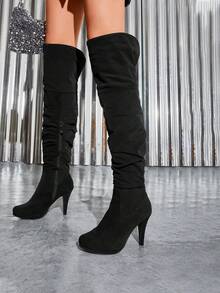 Women's Knee-High Boots, Comfortable Chunky Block Heel Pointed Toe Pull On Side Zipper Suede Slouch Riding Boots - Black - View 2