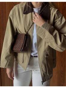 Áo khoác phồng nữ Omen Fashion cổ nhung kẻ, chất liệu cotton, kiểu dáng thường ngày, phối màu tương phản, tay dài, cổ bẻ, có túi. - Màu Khaki - Xem 6