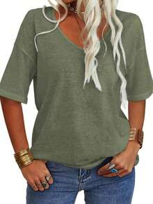 Imily Bela Women's 3/4 Sleeve Shirts V Neck Loose Fitting Tops Casual Solid Color Tshirts  Basic Tunic Summer Ladies Tops - 軍綠色 - 查看 1