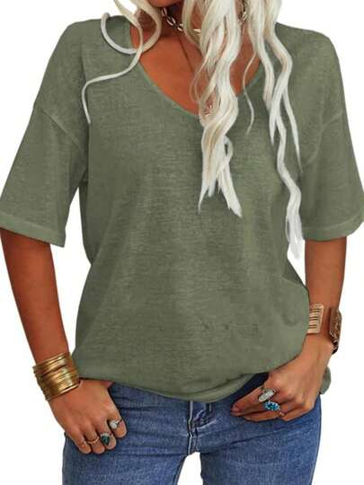 Imily Bela Women's 3/4 Sleeve Shirts V Neck Loose Fitting Tops Casual Solid Color Tshirts  Basic Tunic Summer Ladies Tops